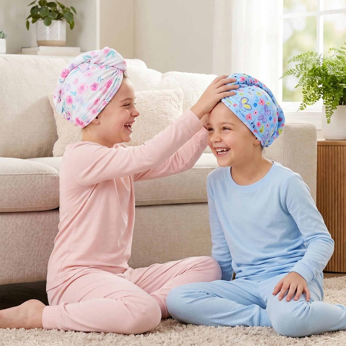 Basumee towel on child in bathroom enabling hands-free drying and comfort