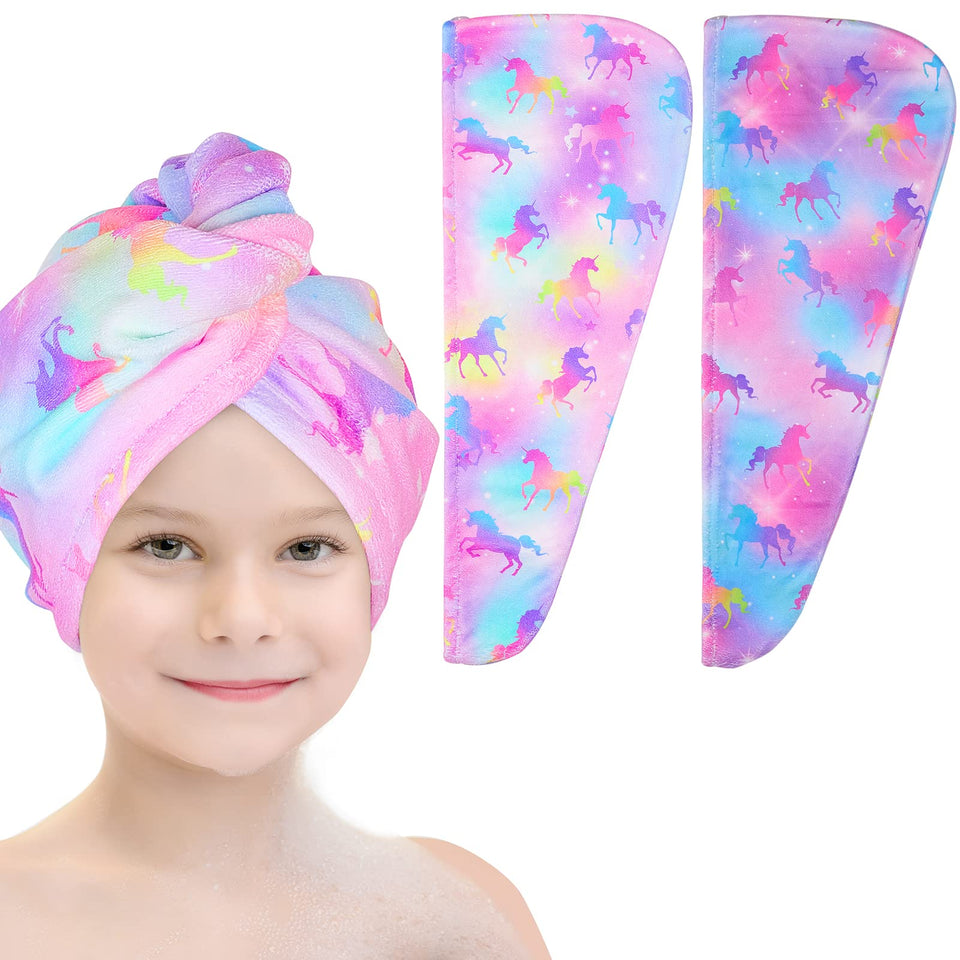 Basumee front view of two-pack unicorn towels shows fun designs and quick drying