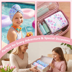 Basumee towel draped on adult head showing size fit and coverage benefit