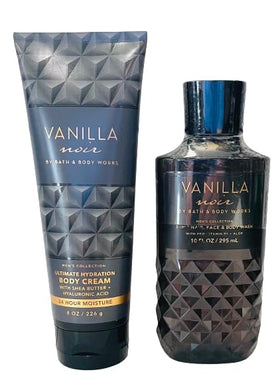 Bath & Body Works Vanilla Noir set front view showing both wash and cream, enhances grooming routine