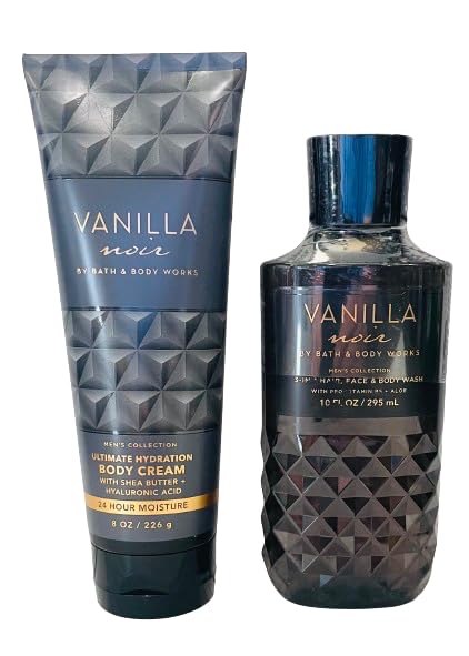 Bath & Body Works Vanilla Noir set front view showing both wash and cream, enhances grooming routine