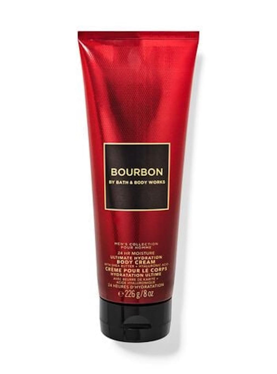 Bath & Body Works front packaging showing bourbon-scented cream and hydrating benefit