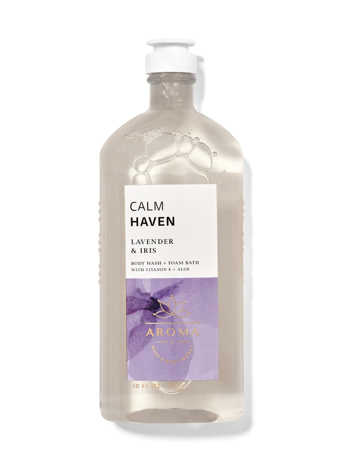 Bath & Body Works bottle front view showing calm lavender iris scent and soothing benefit
