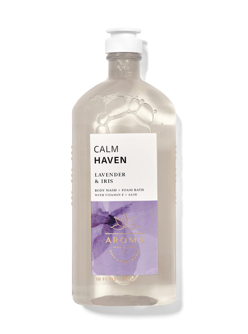 Bath & Body Works bottle front view showing calm lavender iris scent and soothing benefit