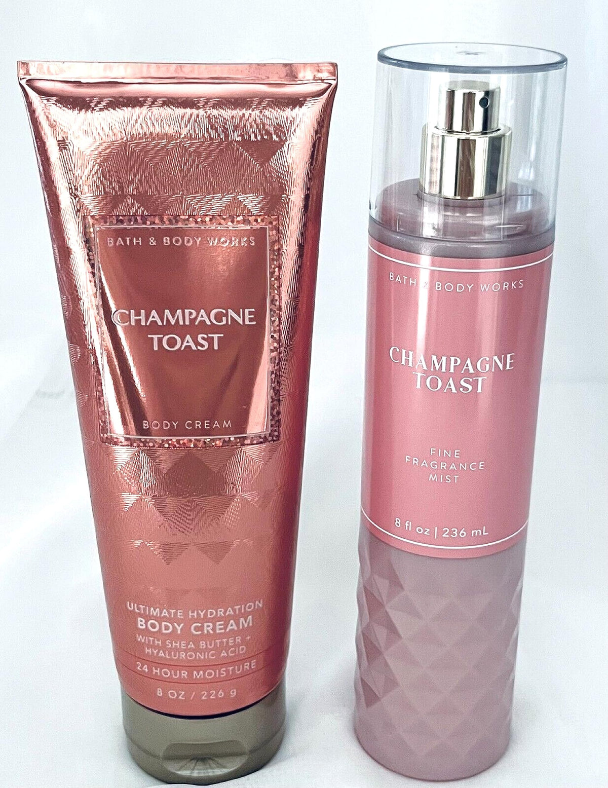 Bath & Body Works Champagne Toast duo front packaging showcasing mist and cream benefits