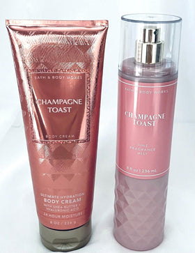 Bath & Body Works Champagne Toast duo front packaging showcasing mist and cream benefits