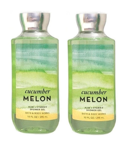 Bath & Body Works front packaging showing two 10 oz Cucumber Melon bottles and benefits