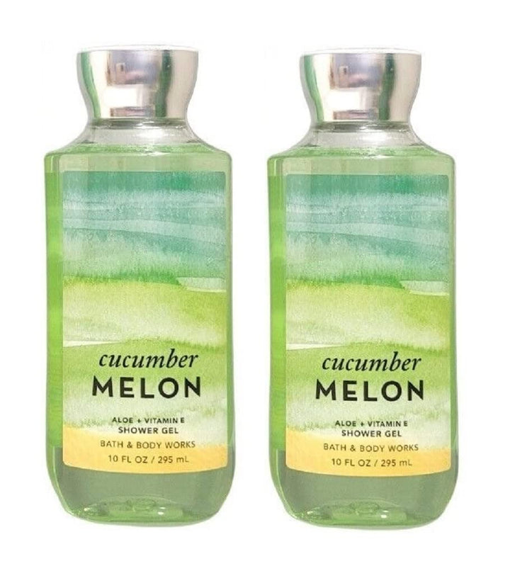 Bath & Body Works front packaging showing two 10 oz Cucumber Melon bottles and benefits