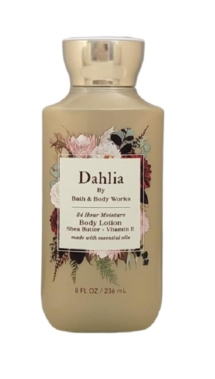 Bath & Body Works Dahlia lotion front packaging showing bottle and label, moisturizing benefit