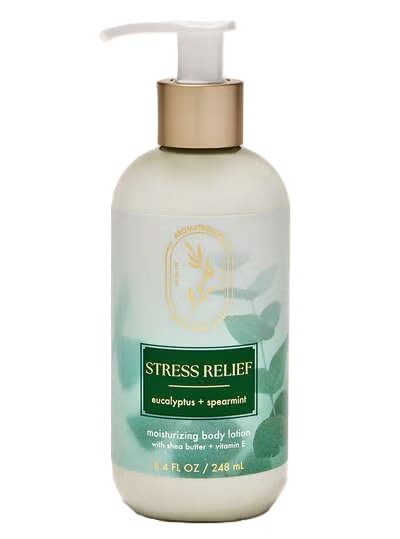 Bath & Body Works bottle front label showing calming eucalyptus spearmint scent and moisturizing benefit