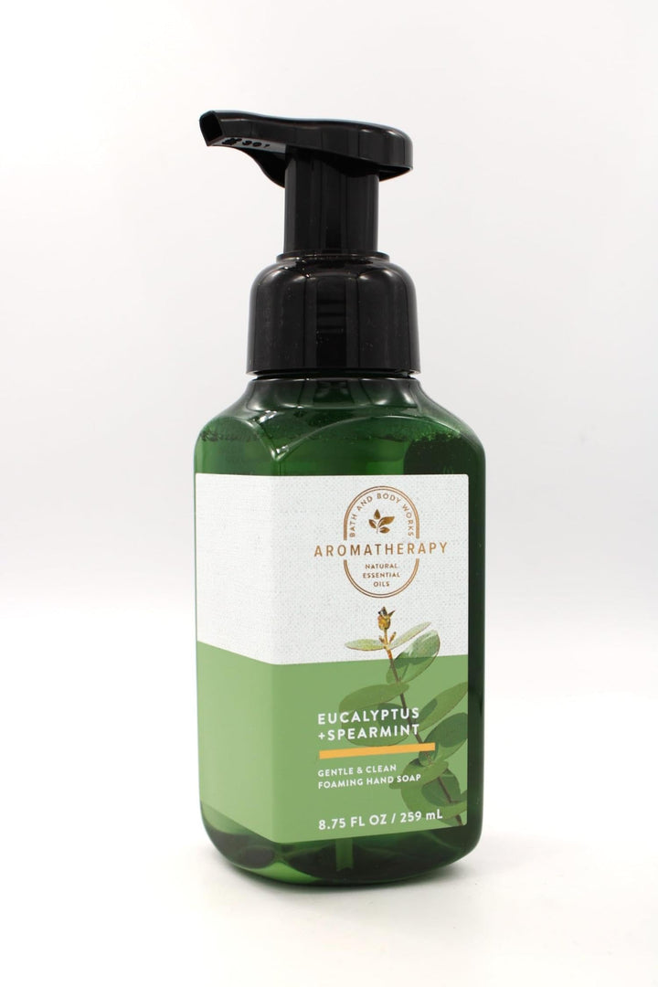 Bath & Body Works bottle front view showing eucalyptus and spearmint scent and moisturizing benefit