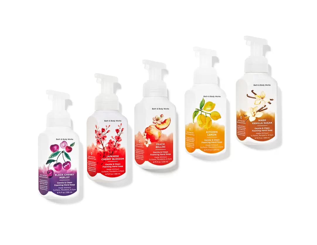 Bath & Body Works front view of five soap bottles showing scents and packaging benefits