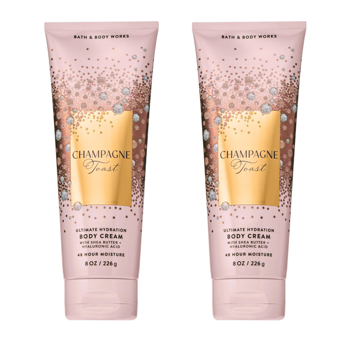 Bath & Body Works front jar showing Champagne Toast packaging and moisturizing benefit