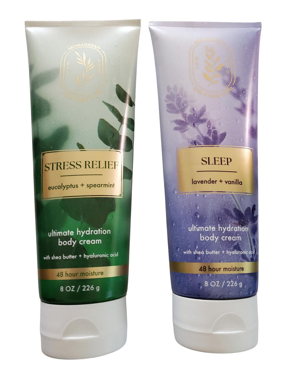 Bath & Body Works front packaging of two 8 oz jars showing both scents and benefits