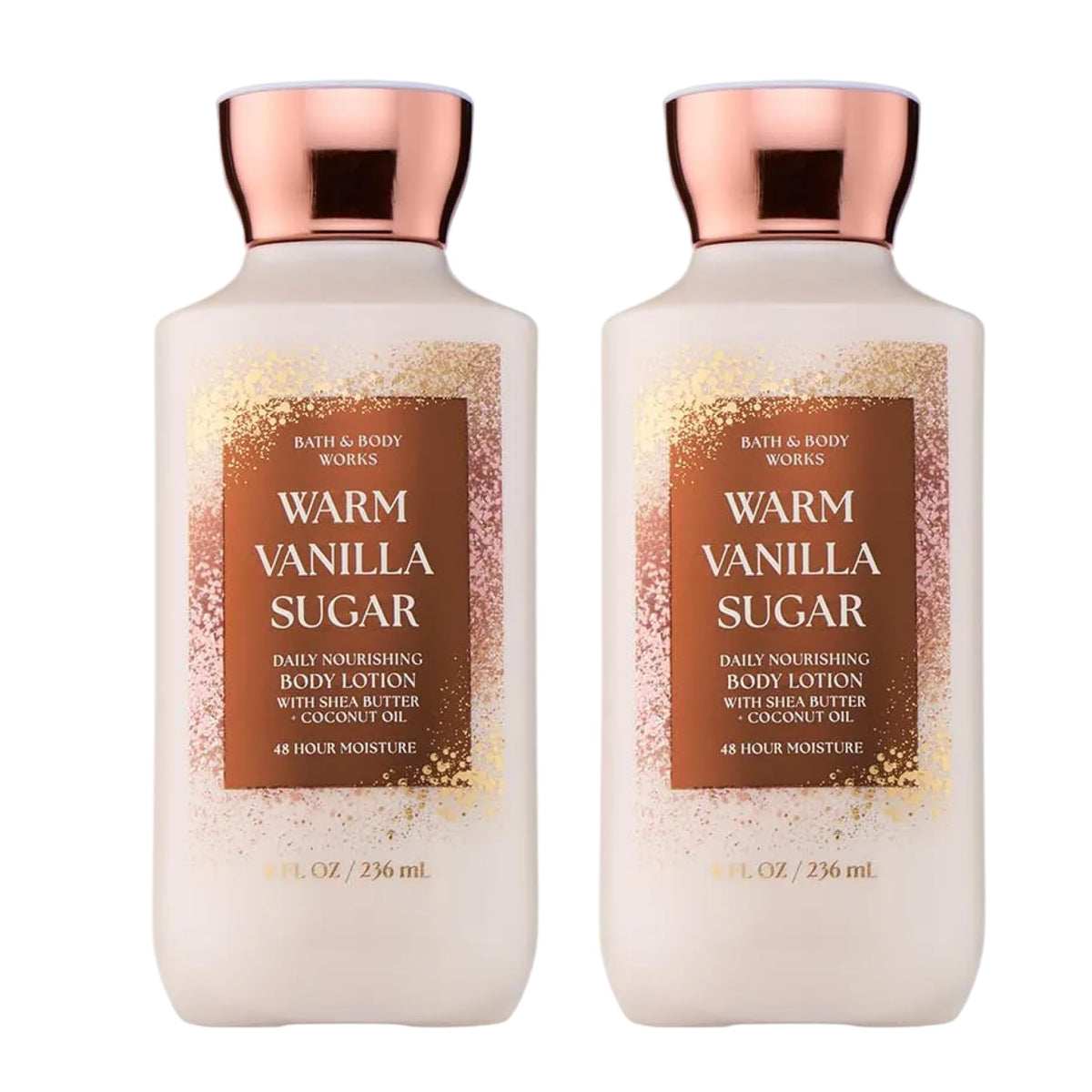 Bath & Body Works front packaging showing two 8 oz bottles and warm vanilla sugar scent benefit