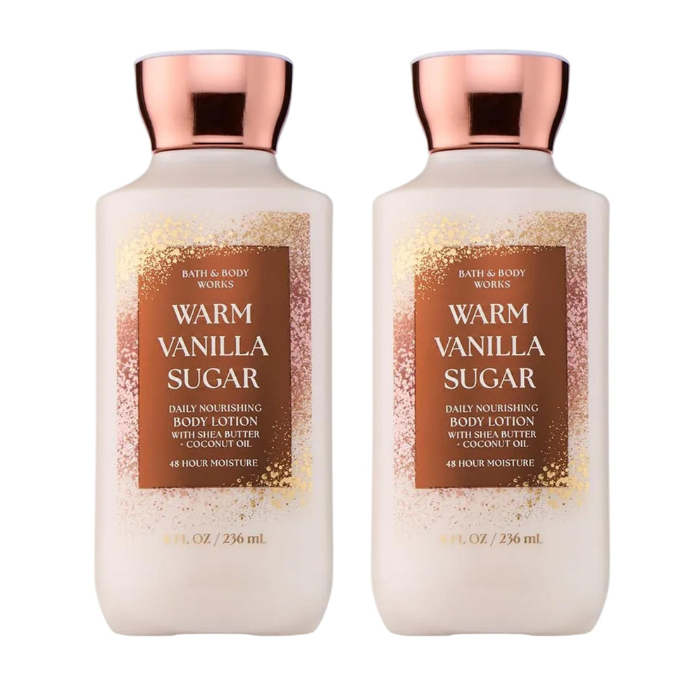 Bath & Body Works front packaging showing two 8 oz bottles and warm vanilla sugar scent benefit