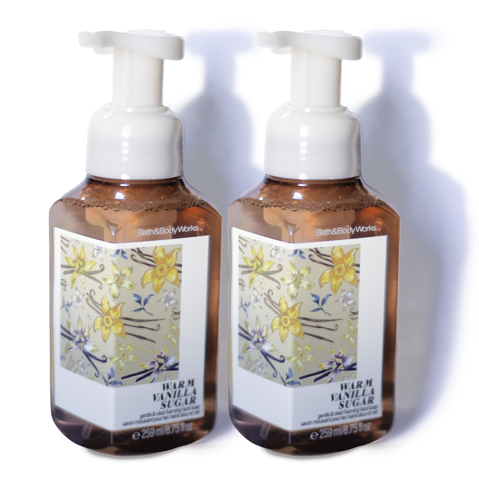 Bath & Body Works pump bottle front view showing Warm Vanilla Sugar label and moisturizing benefits