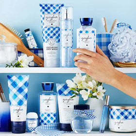 Bath & Body Works Gingham jar next to common items to show 8 oz size and clear label for gifting