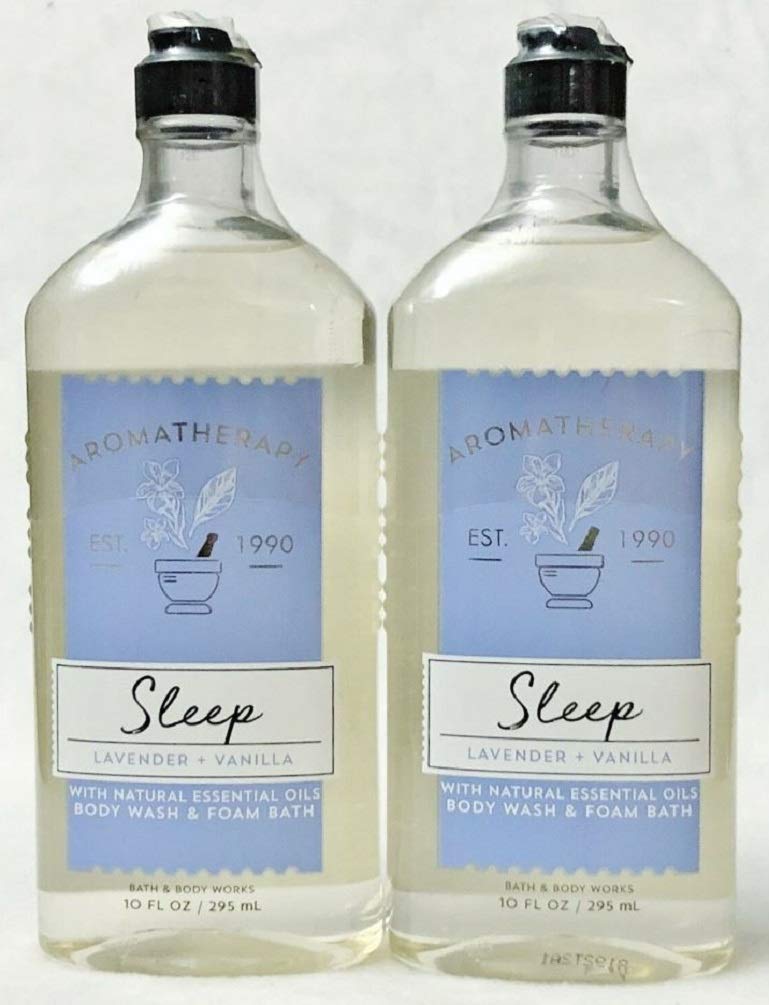 Bath & Body Works front packaging showing two lavender vanilla bottles for calming baths