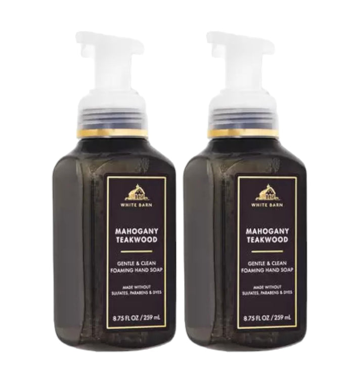 Bath & Body Works front view of mahogany teakwood foaming hand soap, elegant sink benefit