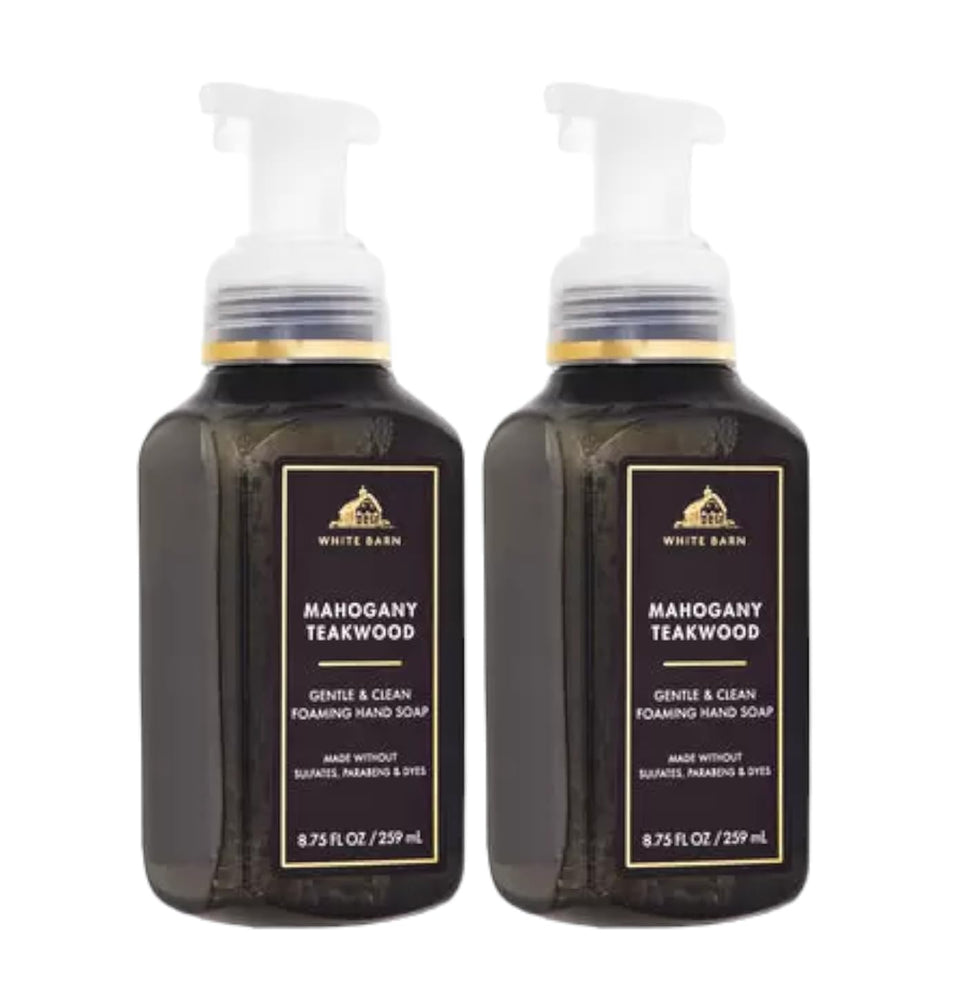 Bath & Body Works front view of mahogany teakwood foaming hand soap, elegant sink benefit