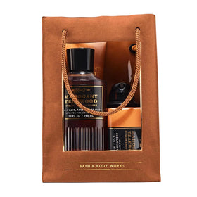 Bath & Body Works front packaging showing complete Mahogany Teakwood set and gift appeal