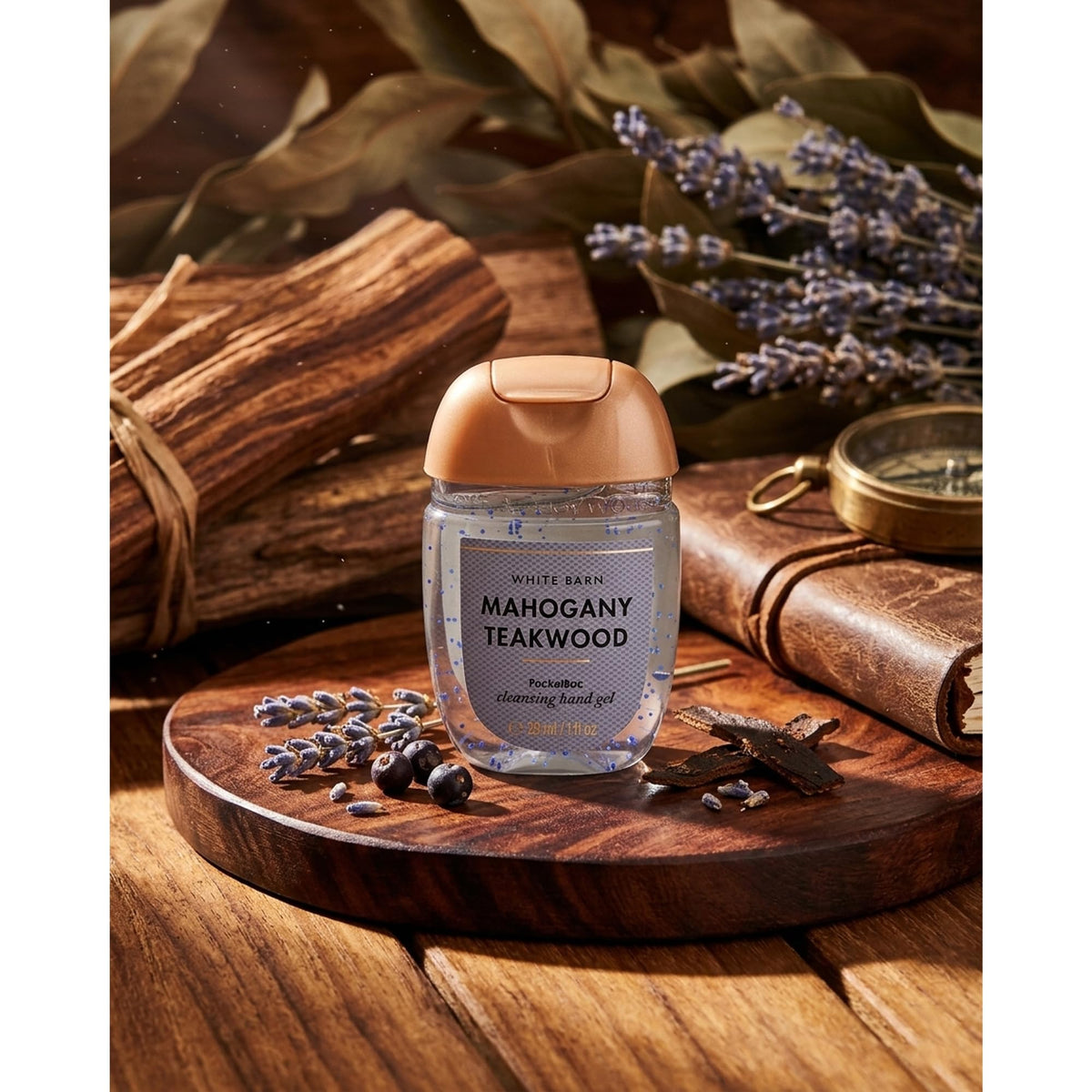 Hand using Bath & Body Works Mahogany Teakwood gel demonstrating quick-dry fragrance refresh