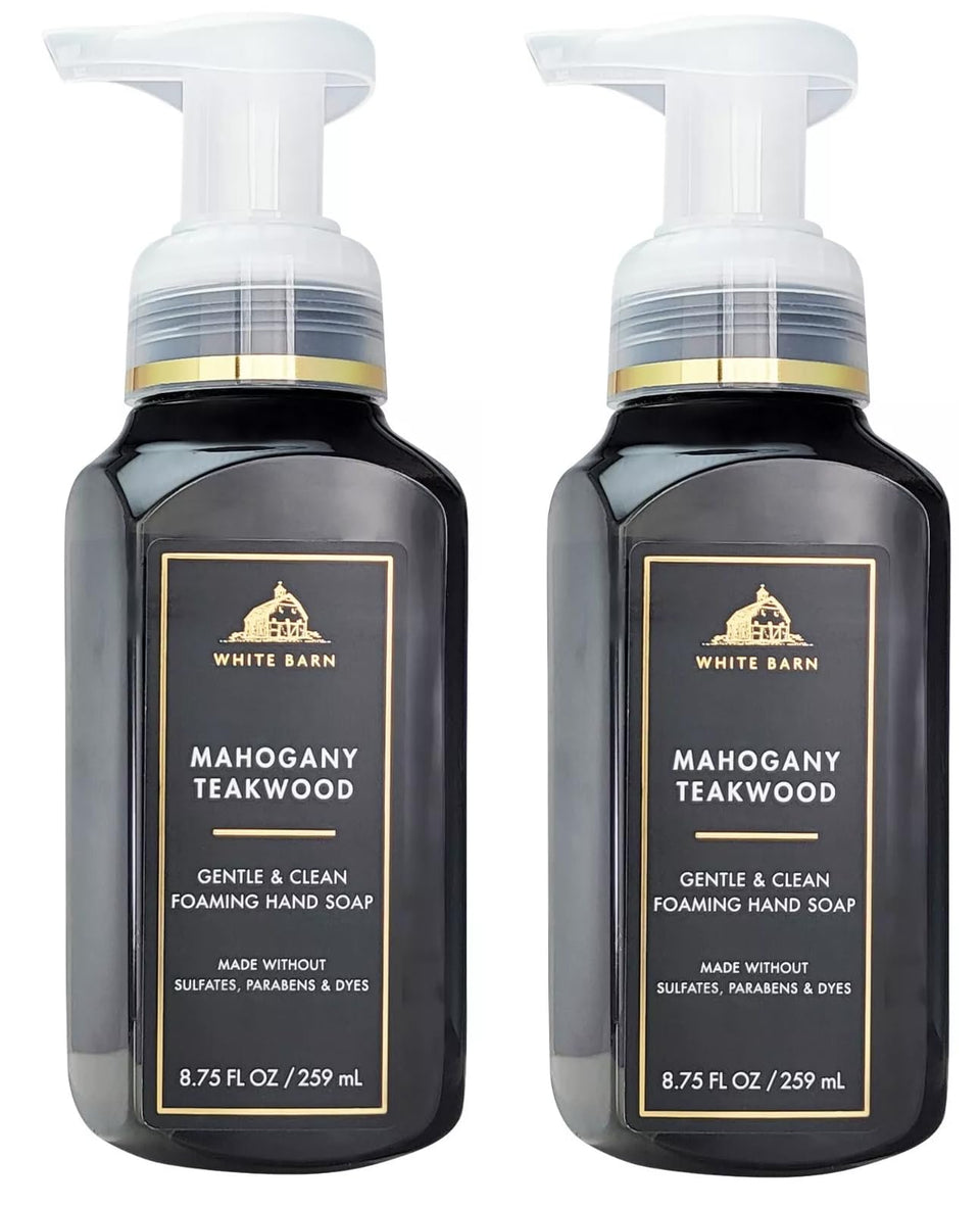 Bath & Body Works front view of Mahogany Teakwoods foaming soap showcasing label and pump