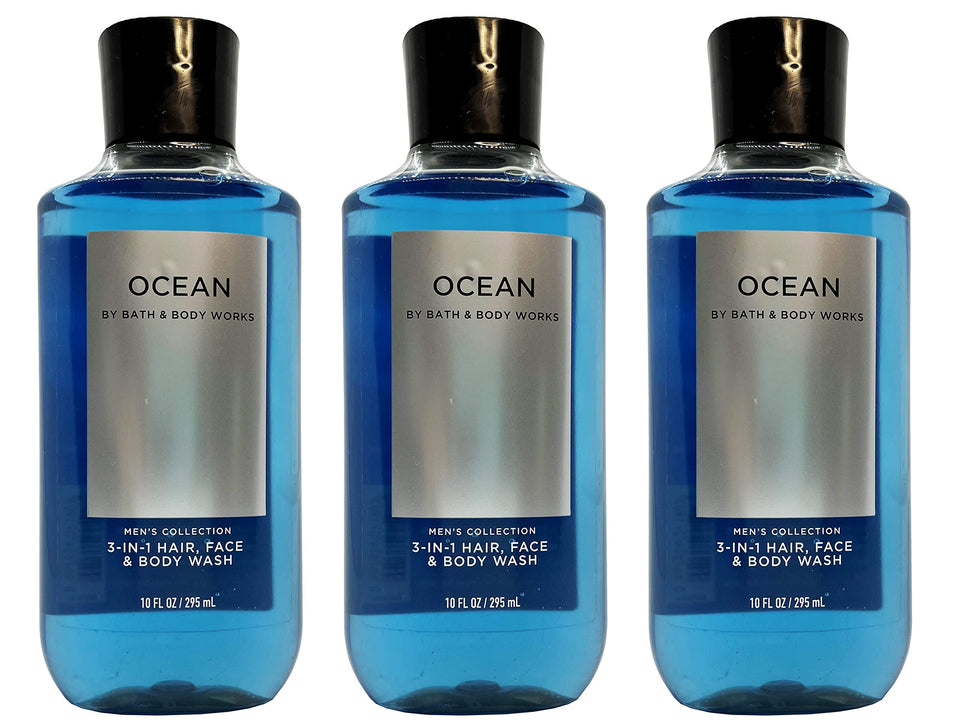 Bath & Body Works Ocean front packaging showing three 10 fl oz bottles and portable convenience