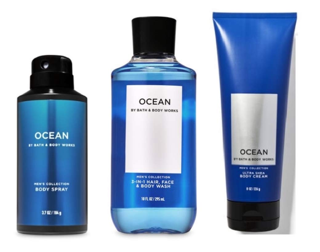 Bath & Body Works Ocean trio staged on a beach towel conveying coastal freshness