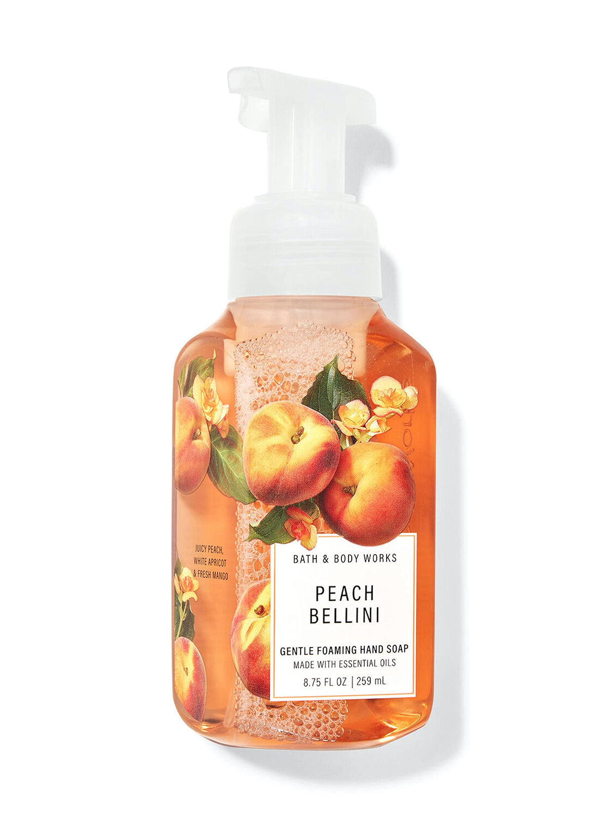Bath & Body Works Peach Bellini front pump view shows fragrance and easy foaming action