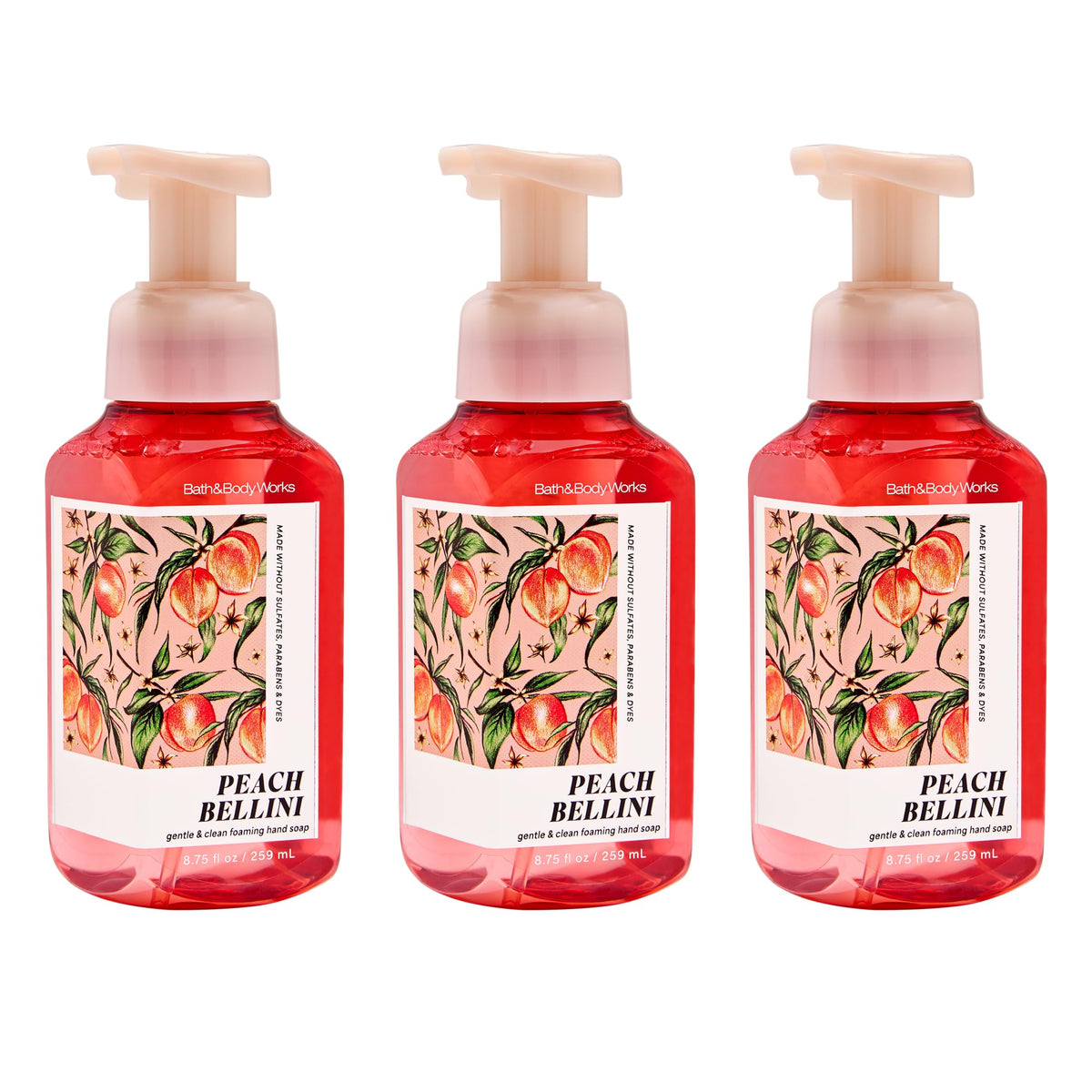 Bath & Body Works Peach Bellini front bottle showing bright peach scent benefit