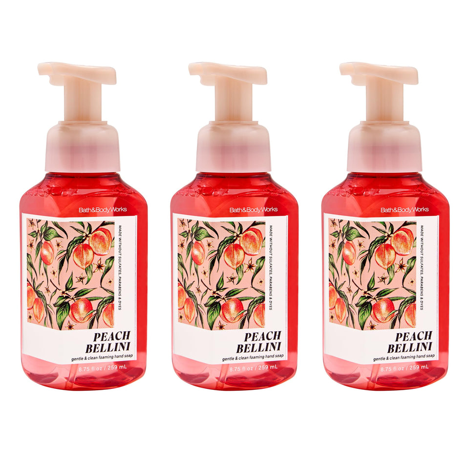 Bath & Body Works Peach Bellini front bottle showing bright peach scent benefit