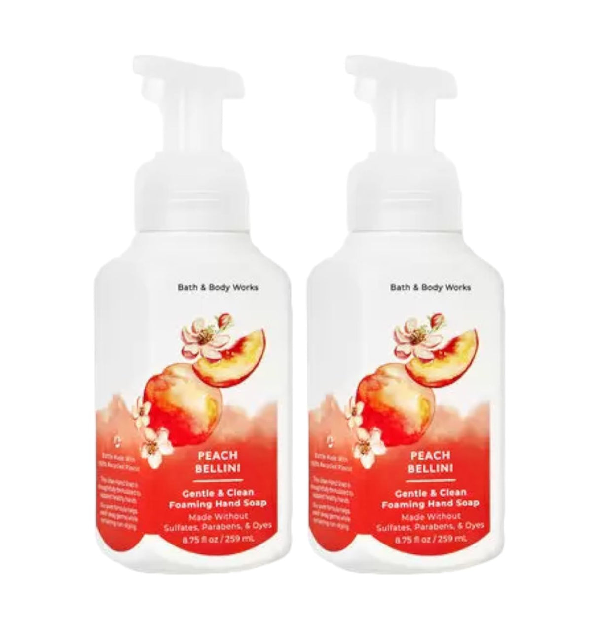 Bath & Body Works bottle front view shows peach bellini scent and gentle moisturizing foam