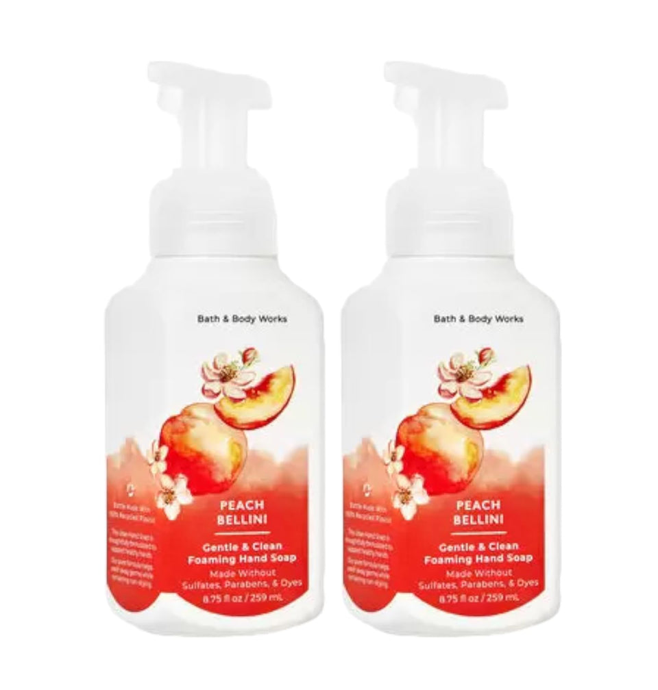 Bath & Body Works bottle front view shows peach bellini scent and gentle moisturizing foam
