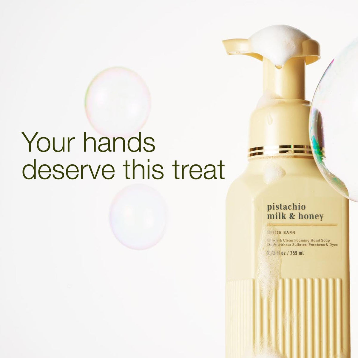 Bath & Body Works pump close-up delivering easy foaming action for quicker washes