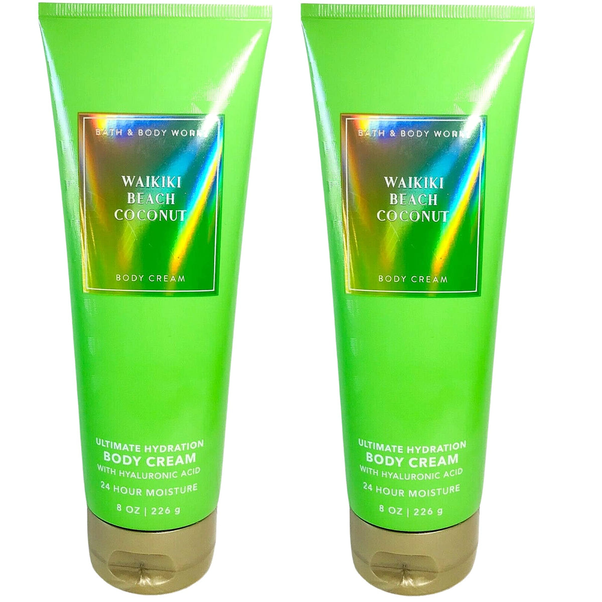 Bath & Body Works front packaging showing two 8 oz Waikiki Beach Coconut jars and tropical benefit