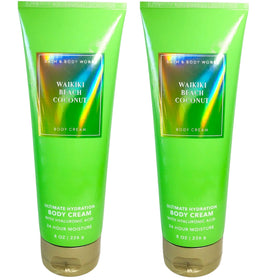 Bath & Body Works front packaging showing two 8 oz Waikiki Beach Coconut jars and tropical benefit