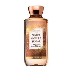 Bath & Body Works front bottle view showing Warm Vanilla Sugar scent and benefits