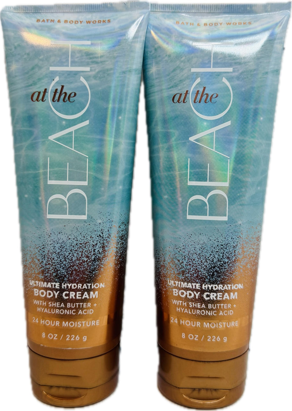 Bath & Body Works front packaging showing two 8 oz tubs and beach scent benefit