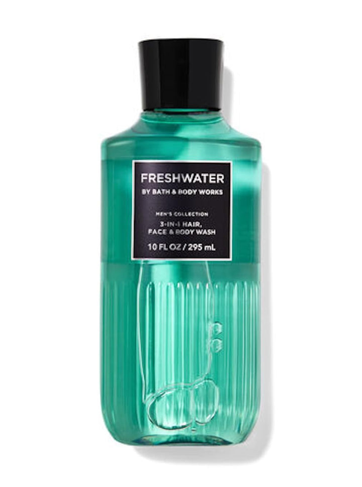 Bath & Body Works Bourbon front packaging showing bottle and Freshwater Bourbon benefit