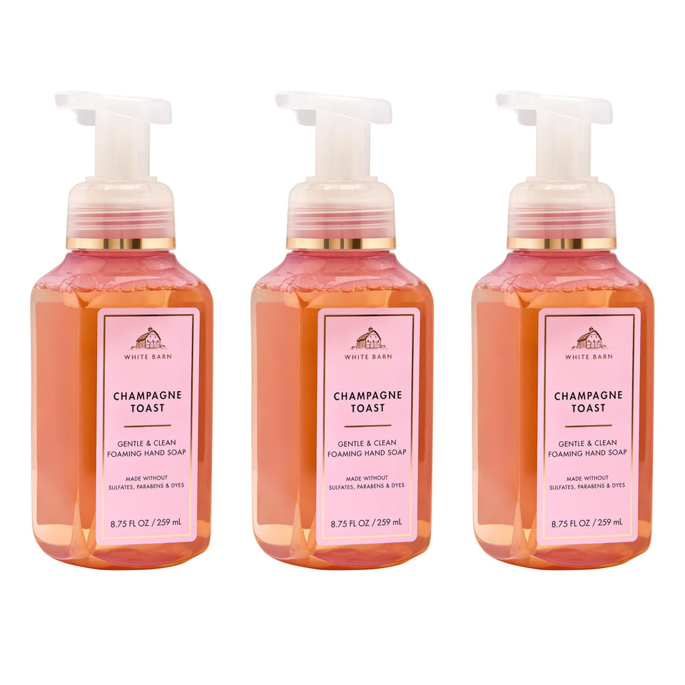 Bath & Body Works bottle front packaging showing Champagne Toast scent and three-pack benefit