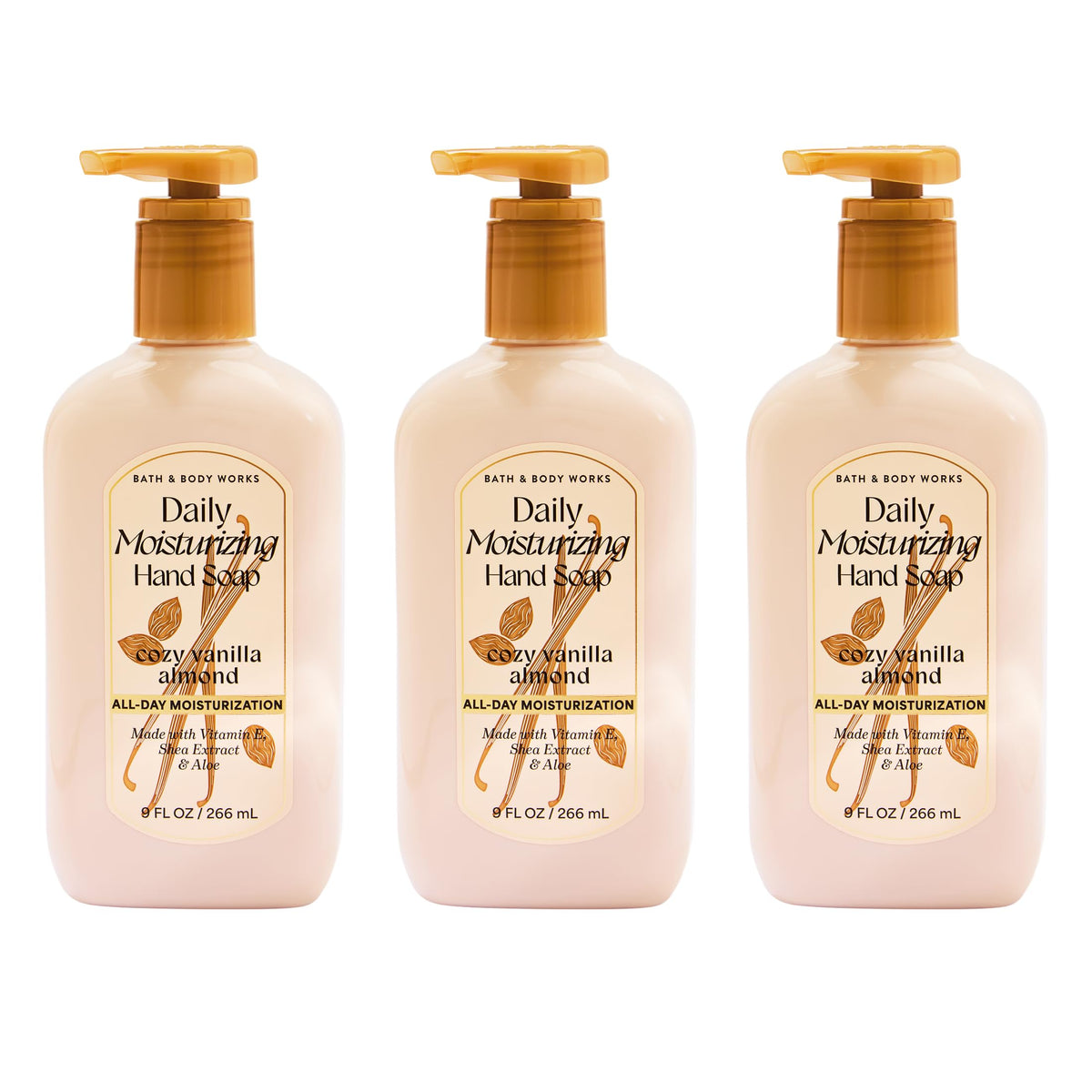Bath & Body Works front packaging showing three bottles and cozy vanilla almond scent benefit