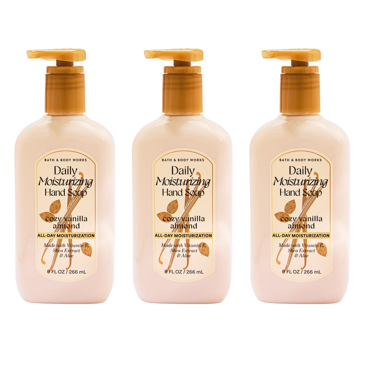 Bath & Body Works front packaging showing three bottles and cozy vanilla almond scent benefit