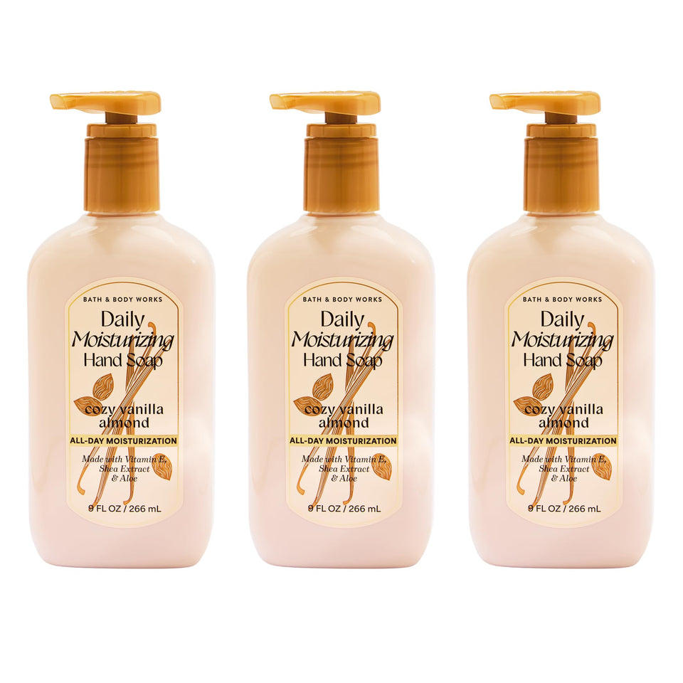 Bath & Body Works front packaging showing three bottles and cozy vanilla almond scent benefit