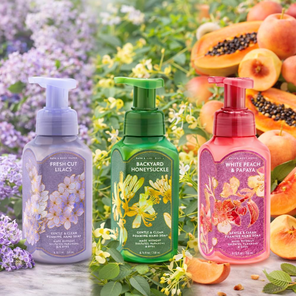 Bath & Body Works Fresh Cut Lilacs close-up label highlighting floral scent benefits