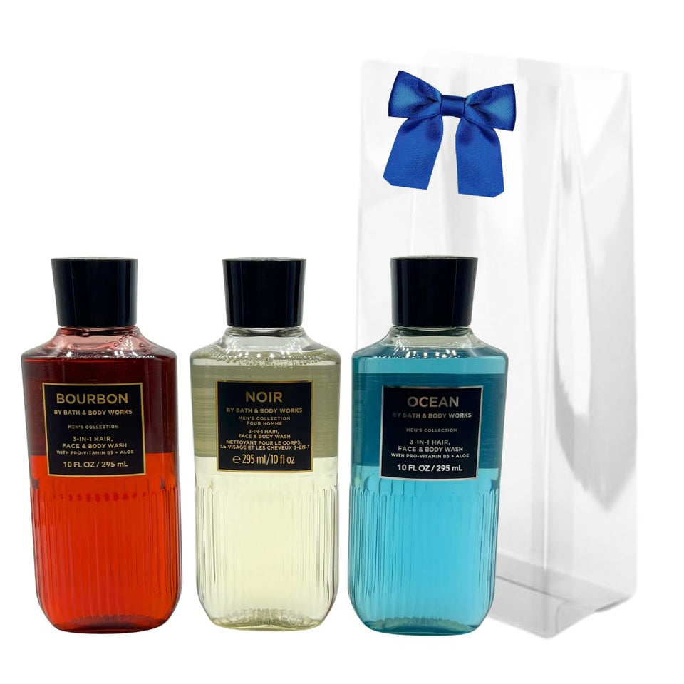 Bath & Body Works front packaging showing three bottles and blue bow, great gift presentation
