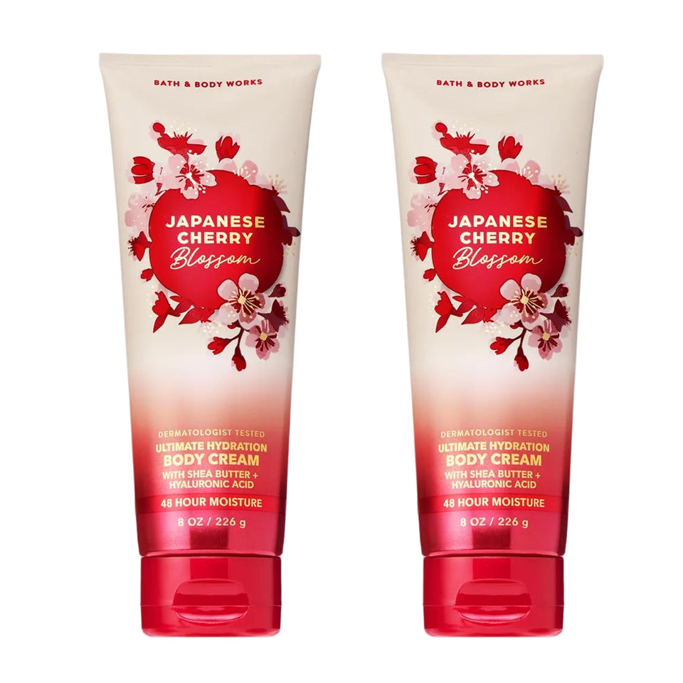 Bath & Body Works front packaging showing two Japanese Cherry Blossom jars and benefits