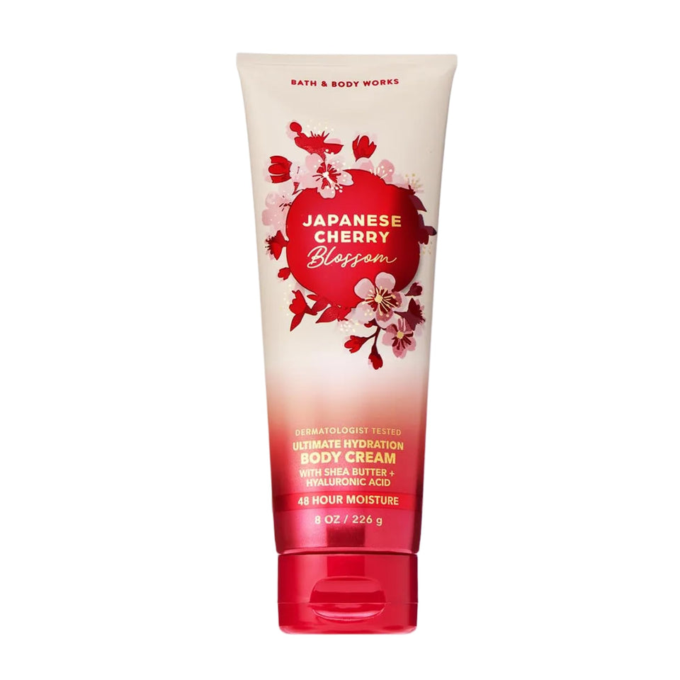Bath & Body Works front tub showing Japanese Cherry Blossom, clear moisturizer benefit