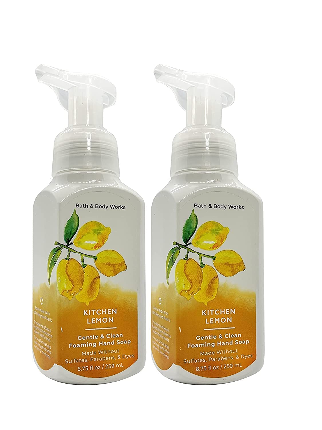 Bath & Body Works bottle front view showing lemon scent and recycled bottle benefit